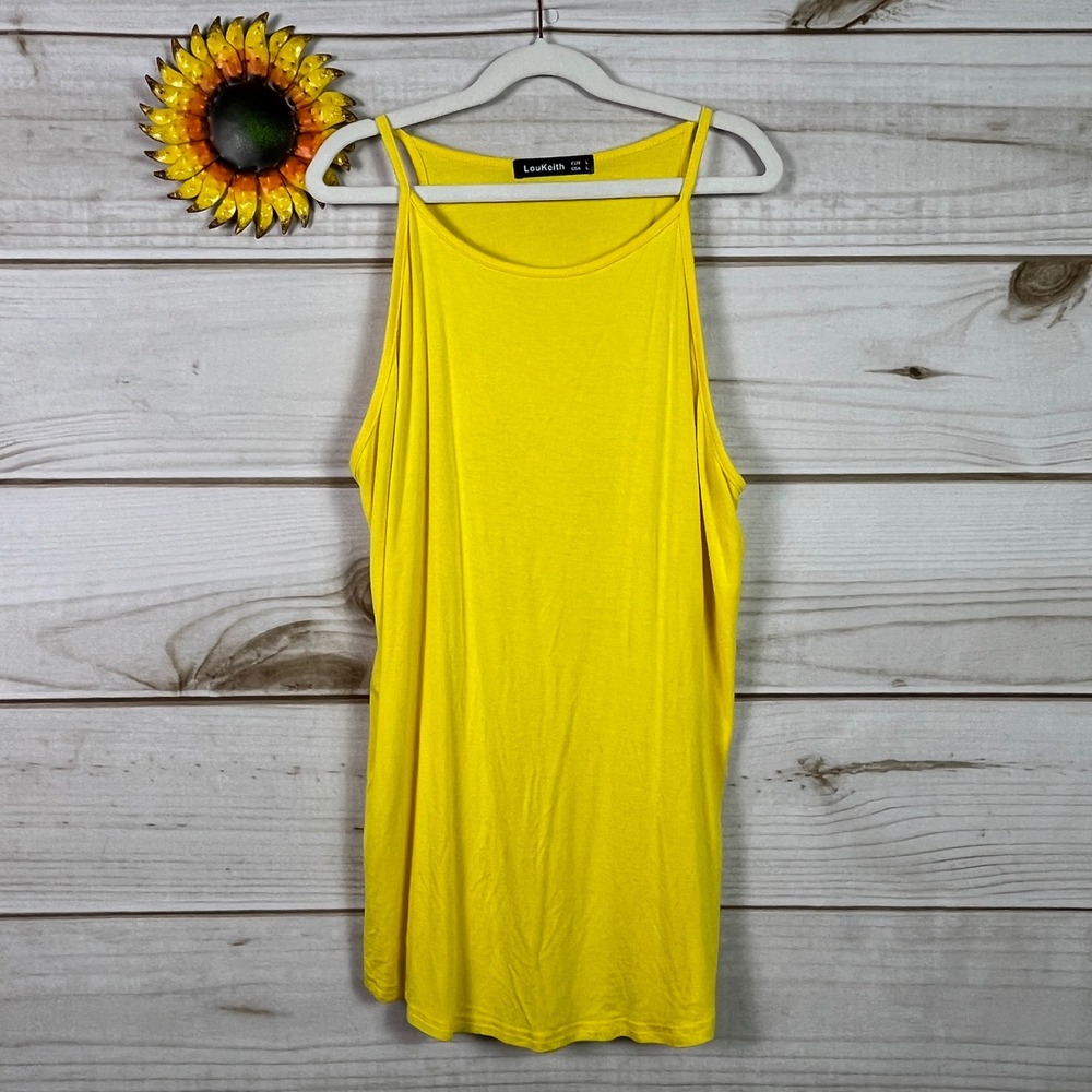 LouKeith Womens Yellow Cotton Spandex Scoop Neck Sleeveless‎ Tank Top Size L